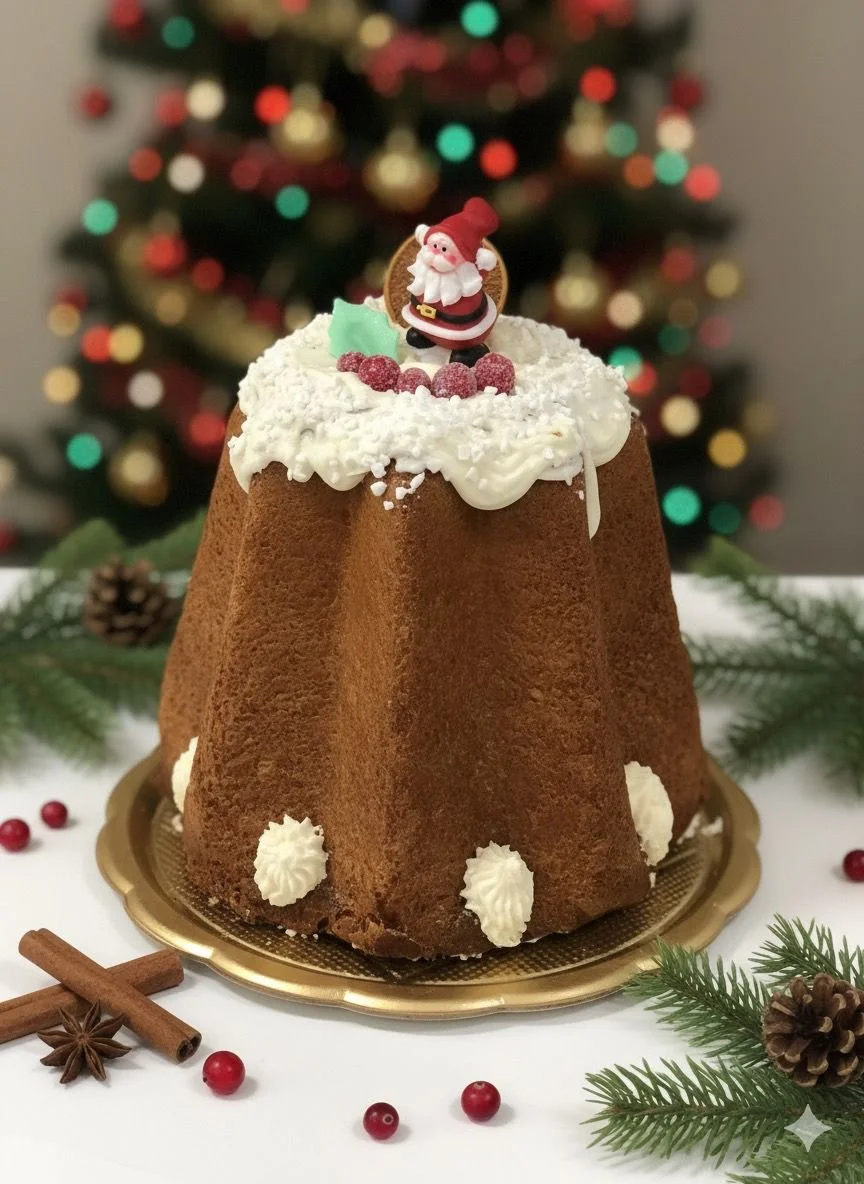 Torta di pan di spagna di Natale decorata con panna, bacche di mirtillo rosso, decorazioni natalizie con figura di Babbo Natale e decorazioni di spezie come cannella e anice stellato. Sfondo con albero di Natale decorato con luci colorate.
