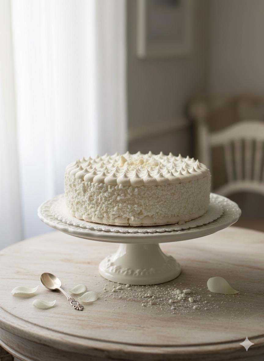 Torta bianca decorata con panna, posizionata su una tortiera bianca su un tavolo in legno. Ci sono petali di fiore e un piccolo cucchiaino d'argento sul tavolo.