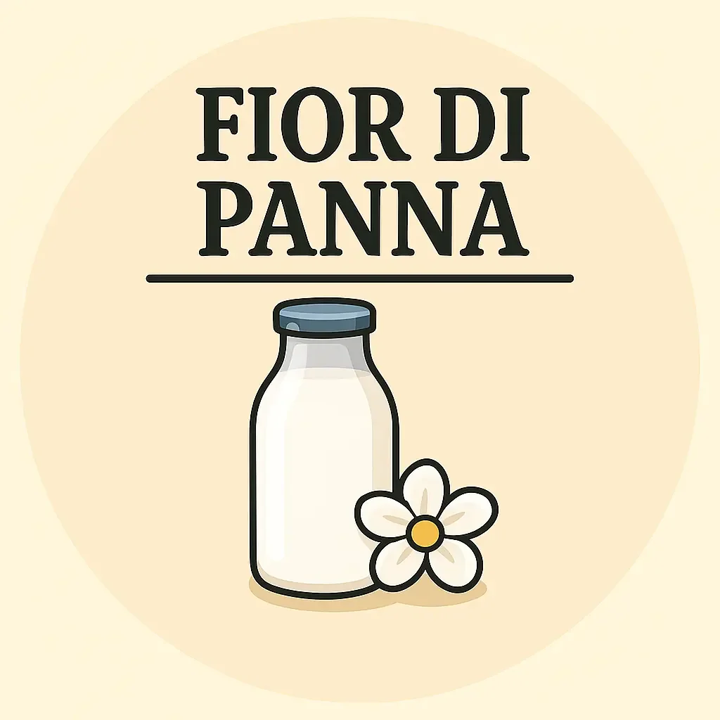 Logo con bottiglia di latte e fiore bianco, testo 'Fiori di Panna' su sfondo giallo chiaro