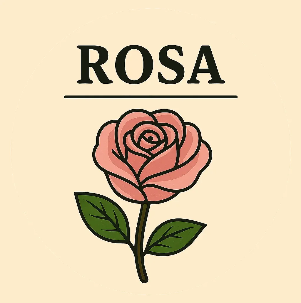 Etichetta con il testo 'ROSA' e un'illustrazione di una rosa rosa con foglie verdi.