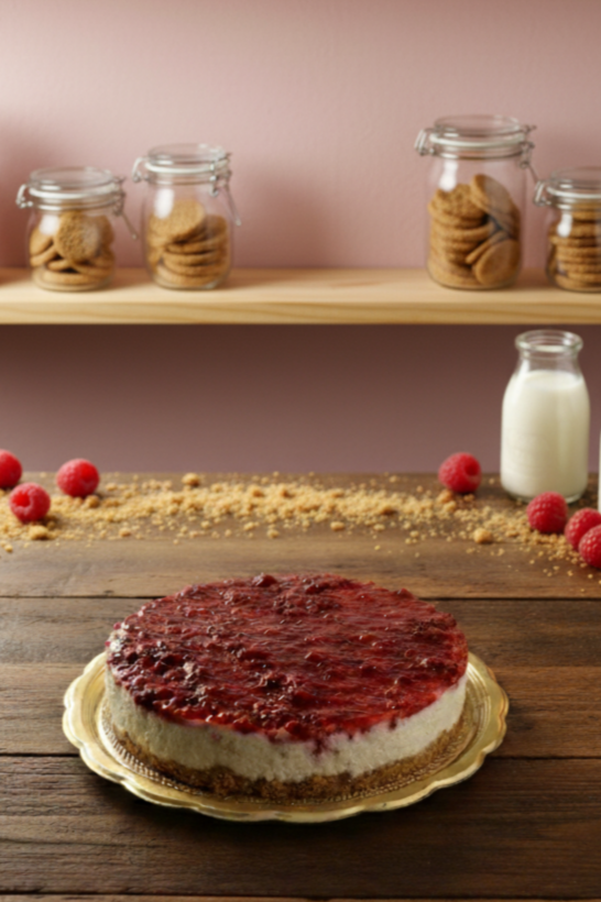 Torta la cheesecake con salsa di lamponi su un piatto a forma di fiore su un tavolo di legno, con lamponi freschi e biscotti in barattoli di vetro sullo sfondo.