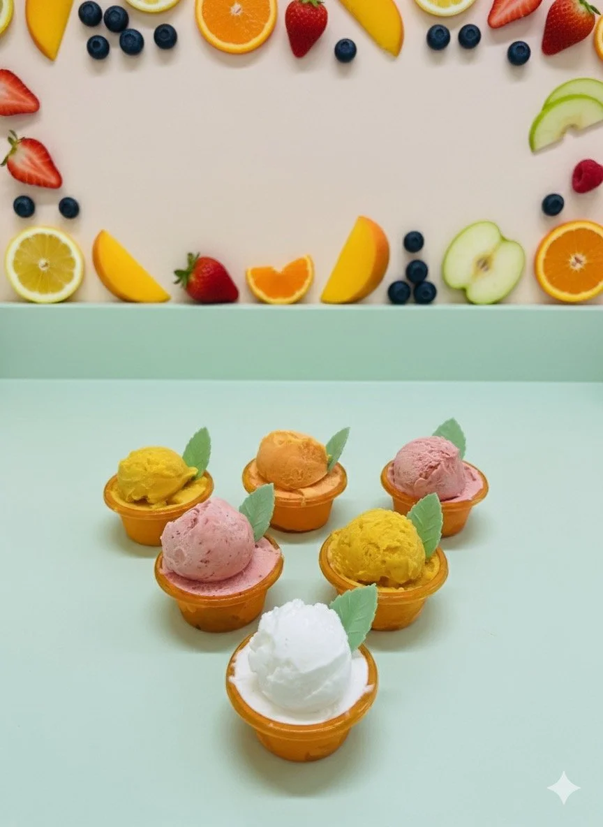 Coppa di gelato con varie paline di gelato di diversi colori, decorata con foglie di menta su un tavolo verde.