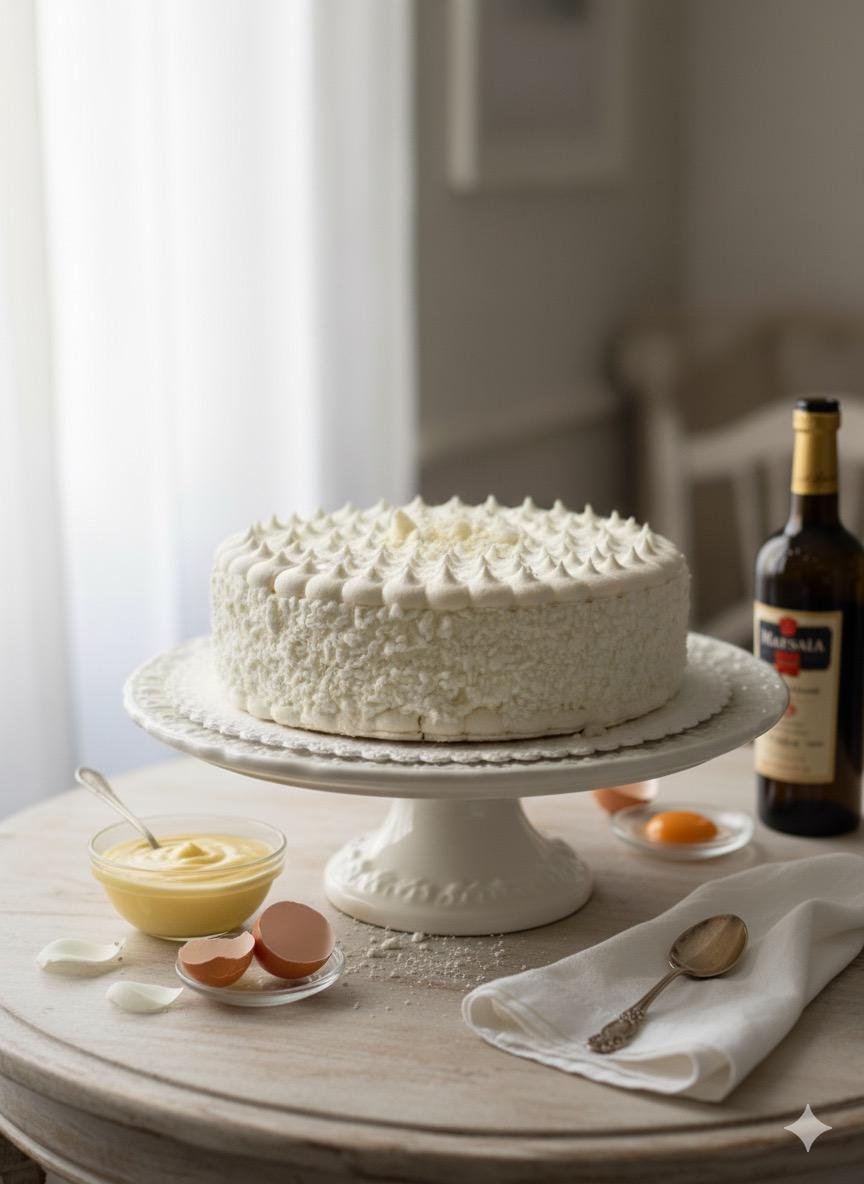 Torta bianca decorata con panna montata, accompagnata da uova, maionese e una bottiglia di vino su un tavolo in una stanza luminosa.