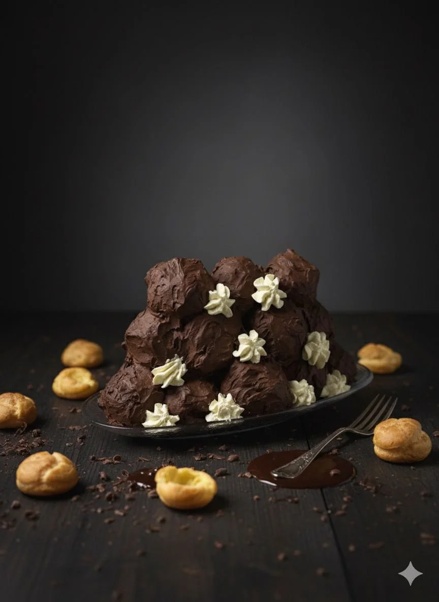 Montagna di cioccolato con decorazioni di panna e cioccolato, circondata da noccioline su un tavolo scuro.