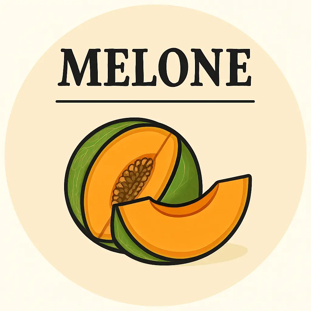 Illustrazione di un melone tagliato con il nome 'MELONE' scritto sopra