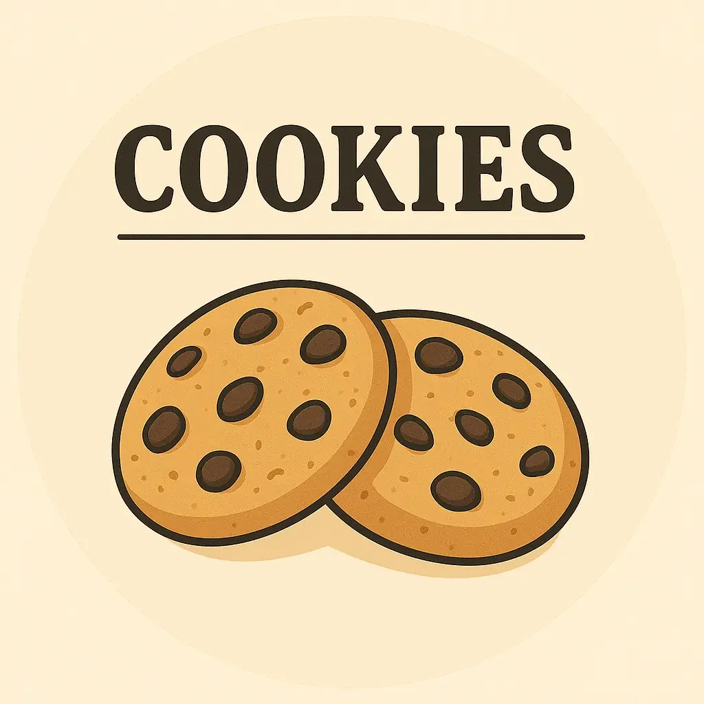 Etichetta con l'immagine di due biscotti con gocce di cioccolato e la scritta "Cookies".