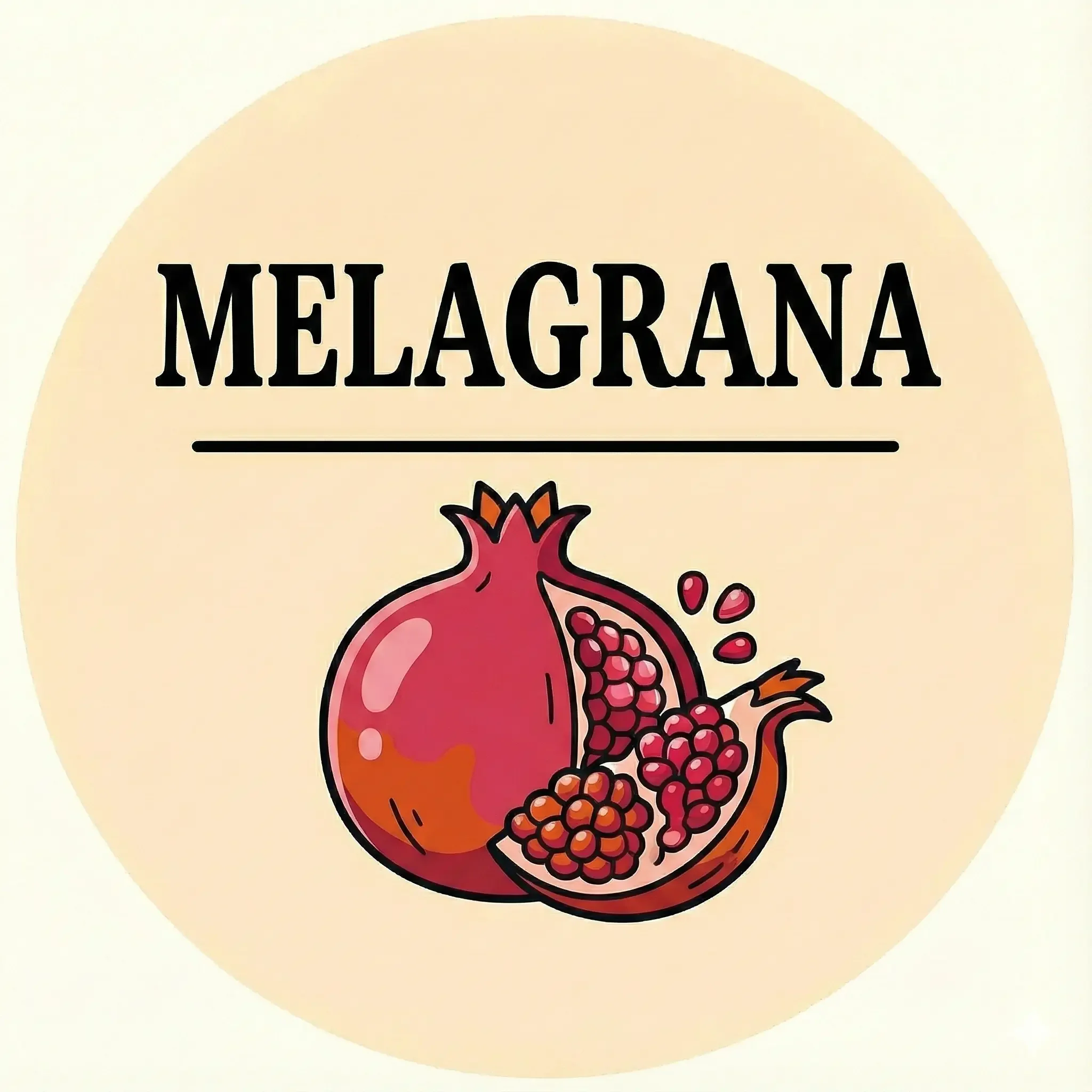 Logo con la scritta 'Melagrana' e un'illustrazione di un melograno intero e mezzo, con semi visibili