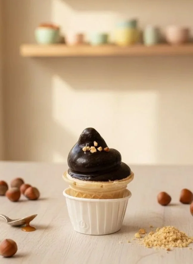 Gelato al cioccolato con guarnitura di nocciole su conedino, attorno vari nocciole e cioccolato tritato