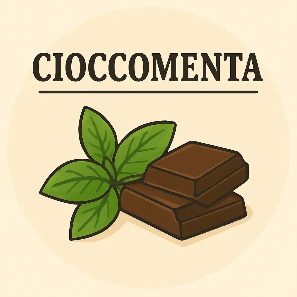 Immagine di cioccolato con foglie di menta e la parola 'CIOCMENTA' in alto.