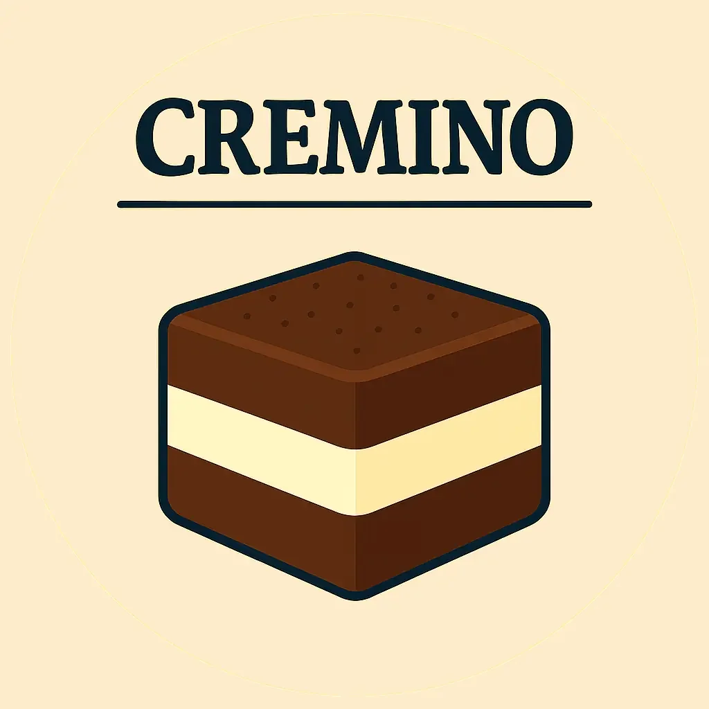 Logo con testo 'CREMINO' e un'immagine di un dolce a strati con cioccolato e crema, su sfondo giallo chiaro.