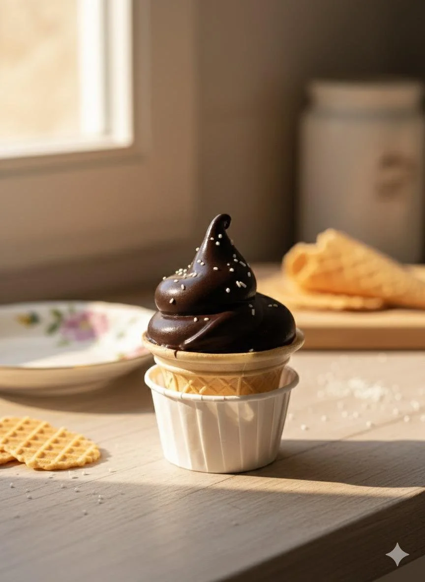 Gelato al cioccolato in cono, decorato con zuccherini, posato su un piattino di ceramica.