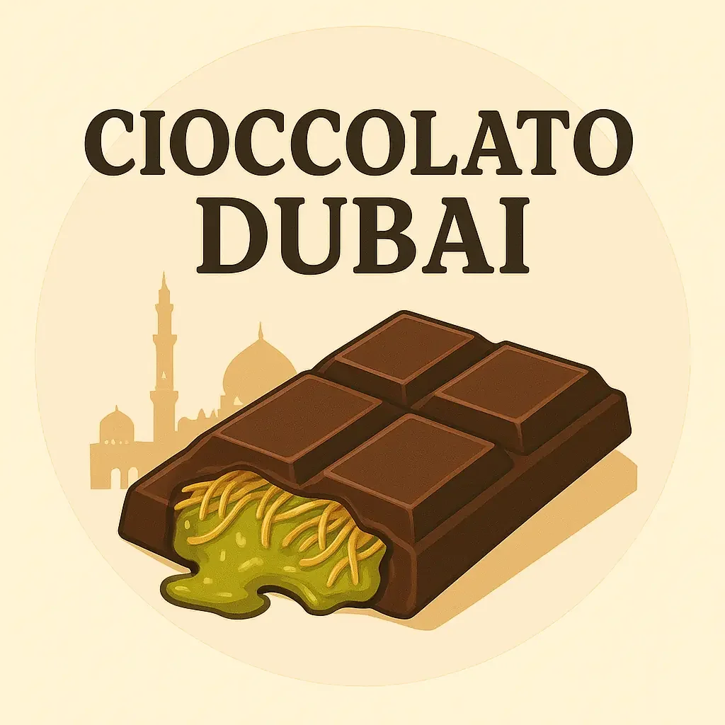 Dollaro di cioccolato con ripieno di noodles verdi e salse, sfondo con silhouette di moschea e torre, testo 'Cioccolato Dubai'.