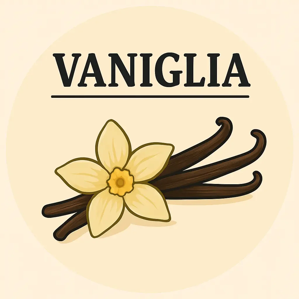 Etichetta di aroma vaniglia con una scatola di baccelli di vaniglia e una fioritura di vaniglia.
