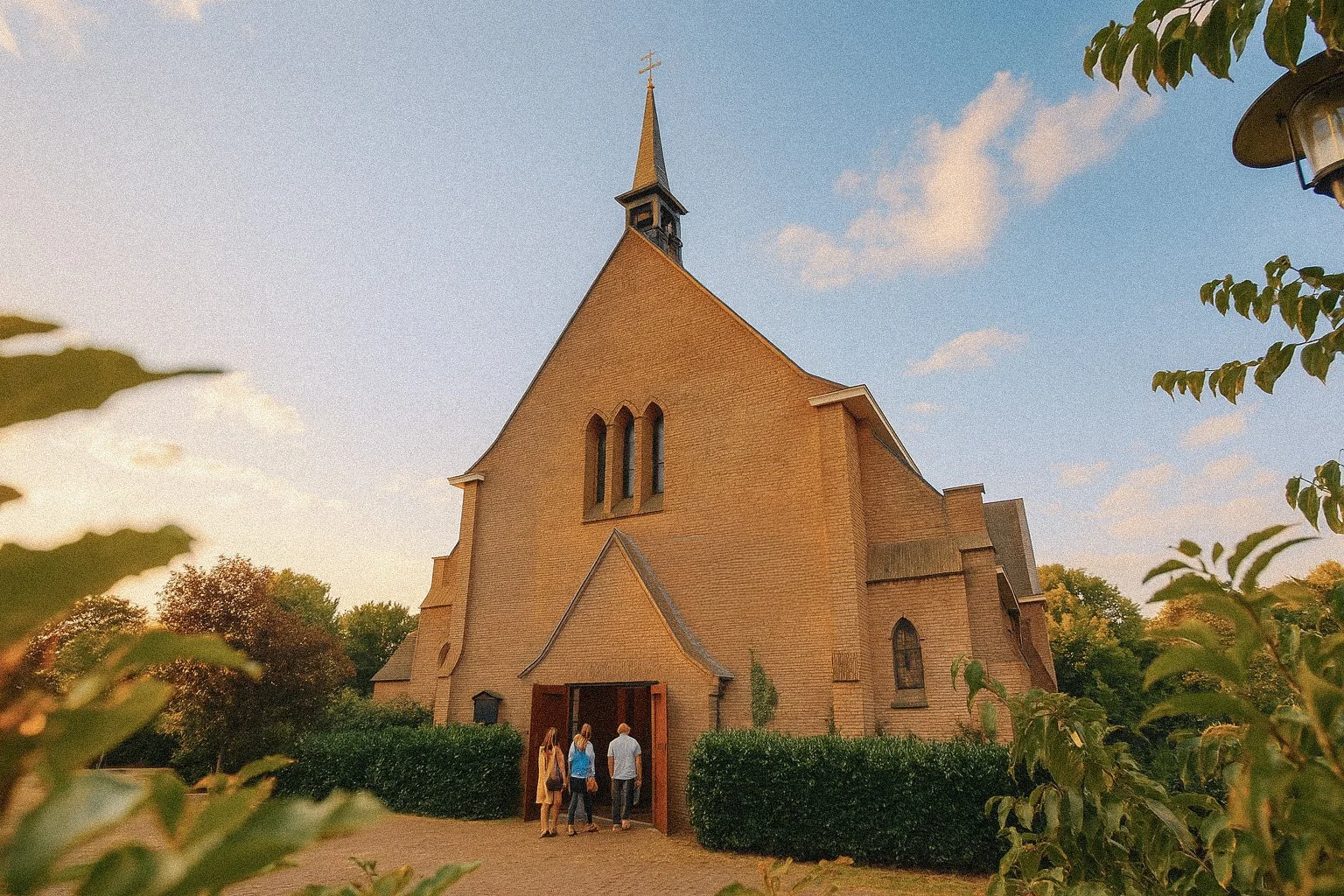 Een grote kerktoren van baksteen met een spits en een kruis bovenaan, onder een blauwe hemel met enkele wolken, omgeven door struiken en bomen, met vier mensen die de kerk binnenlopen.