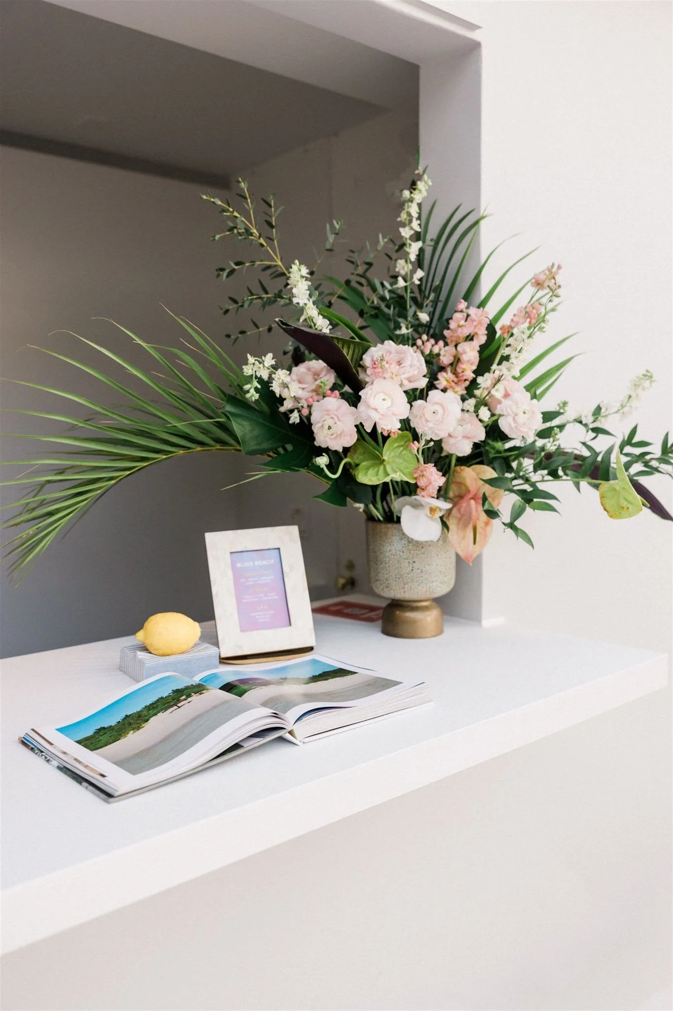Tropical florals for wedding welcome party in Los Angeles