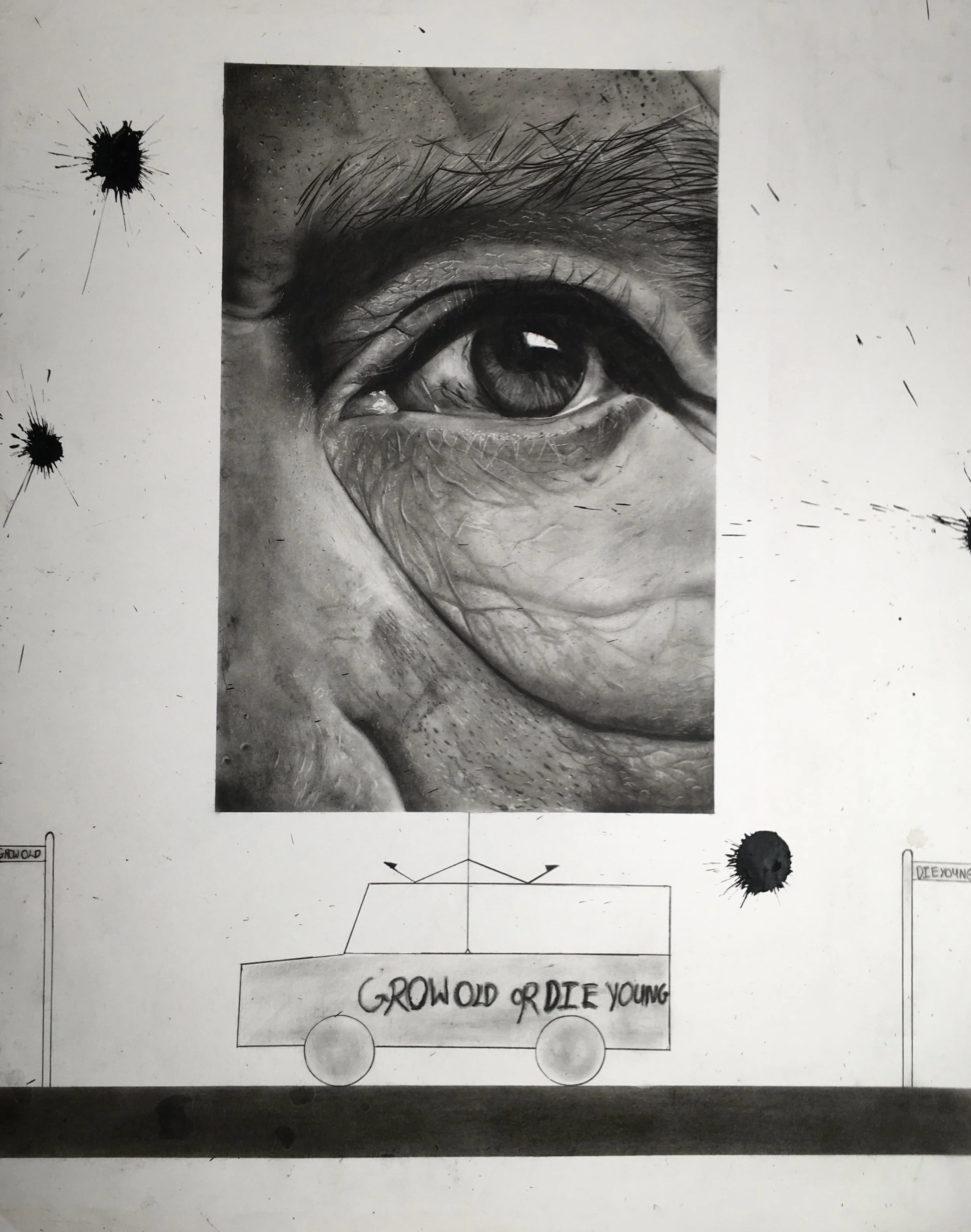Grow old or Die young. 2024, Charcoal, Graphite, and Oil Pastel, 45.72 × 60.96 cm