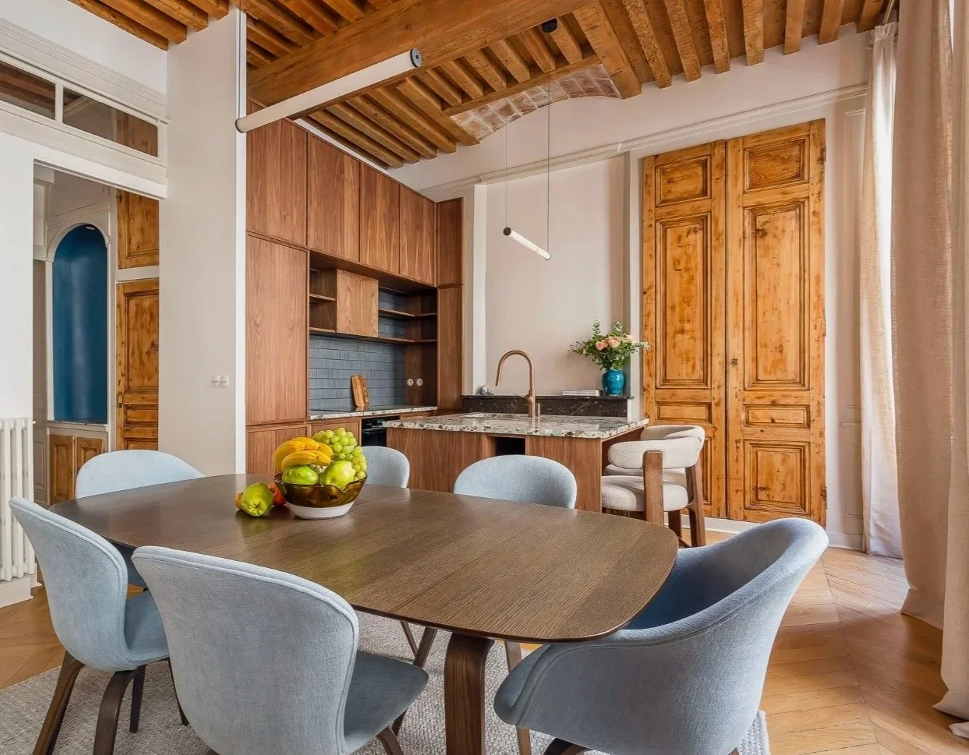 Custom linen curtains in a historic French apartment