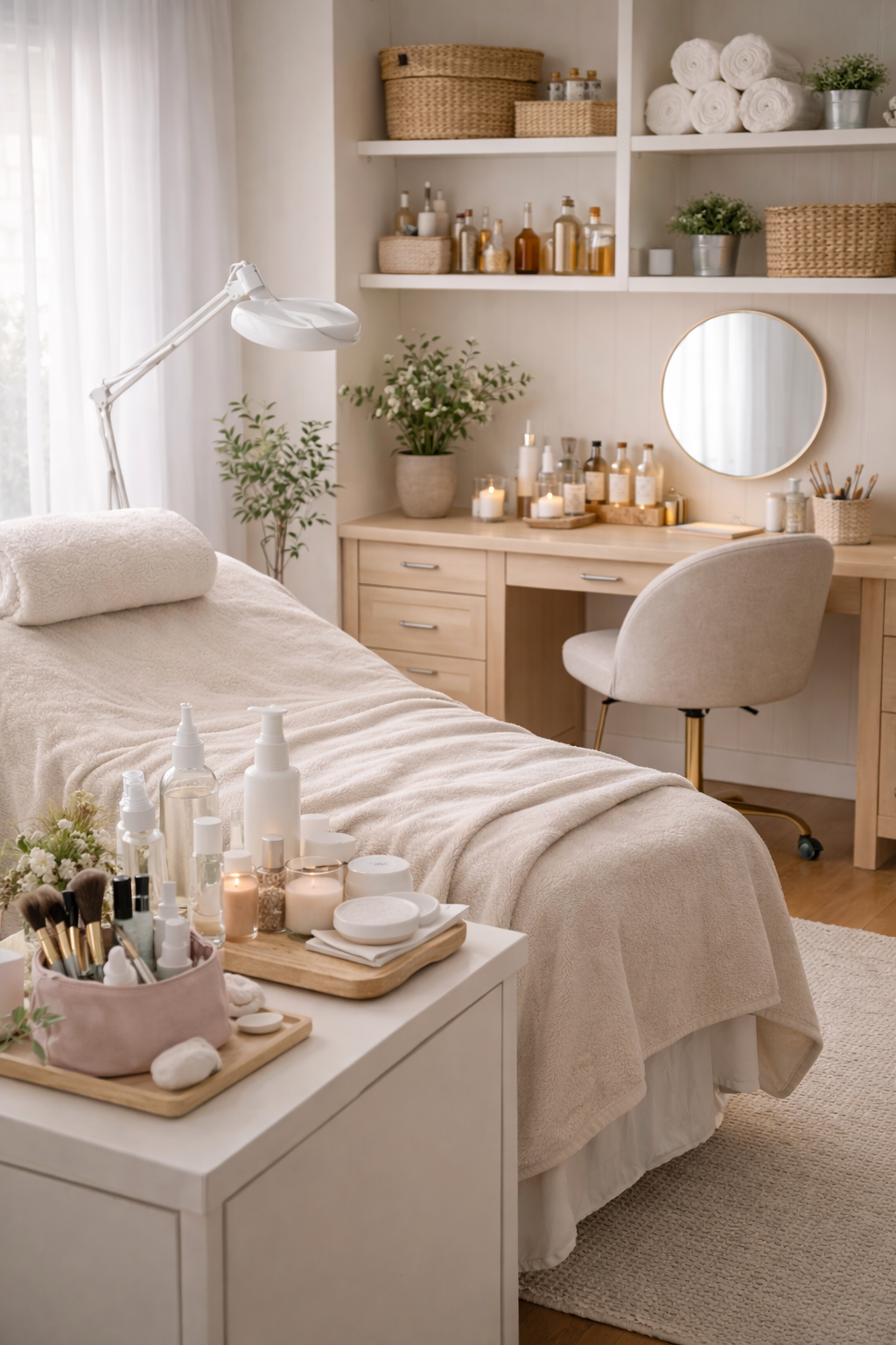 Spa room with a massage table covered in a cream blanket, a side table with skincare products, candles, and a pink container of brushes, a wooden desk with jars, bottles, candles, and a round mirror, and shelves with towels and decorative items in a neutral color palette.