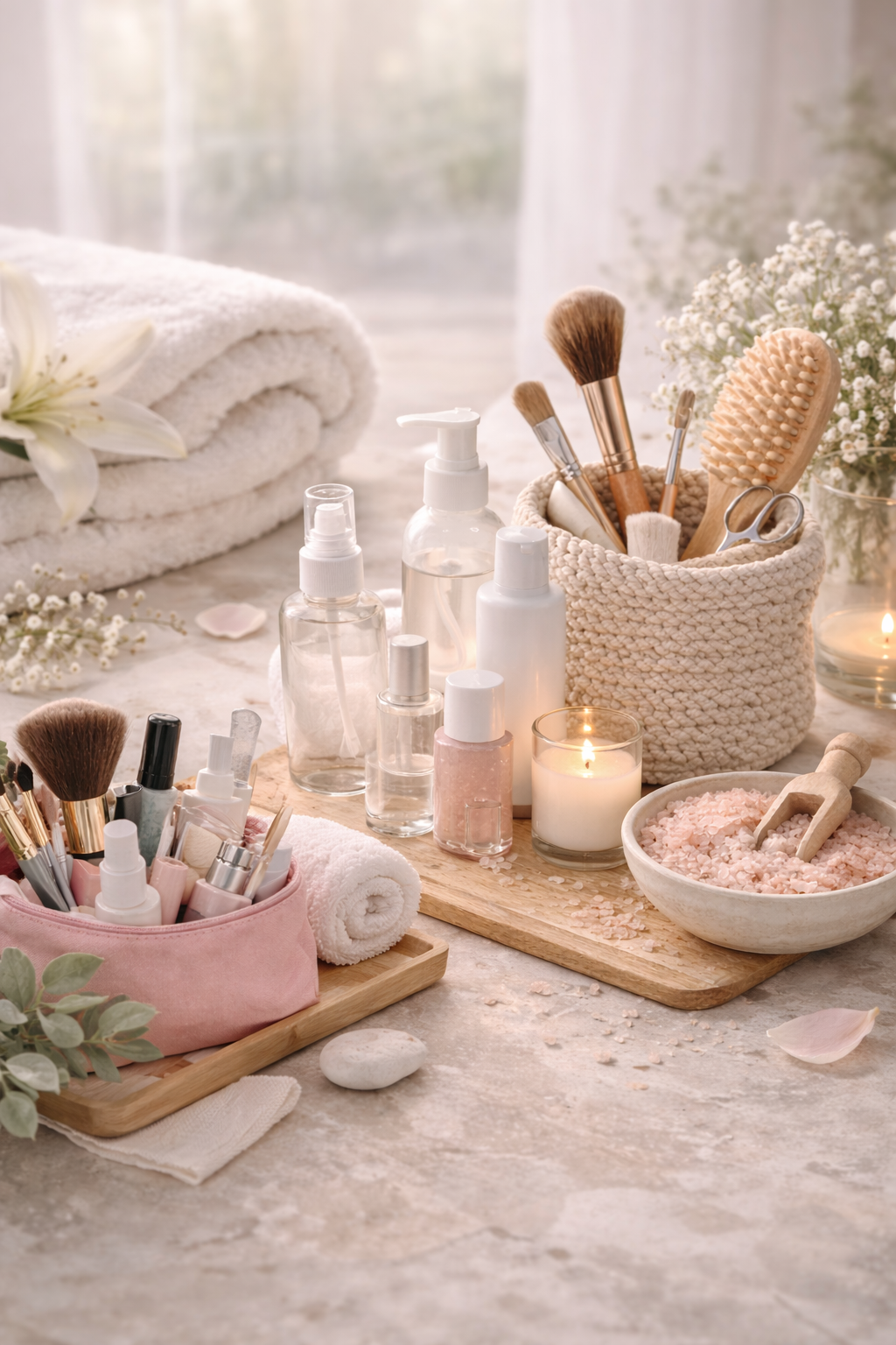 Spa and skincare setup with towels, flowers, and various skincare tools and products, including brushes, bottles, a bowl of salt, and lit candles.