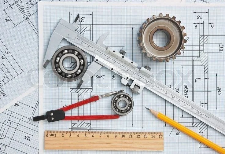 Technical drawing blueprints with mechanical parts, caliper, bearings, gear, ruler, pen, and red-handled pliers.