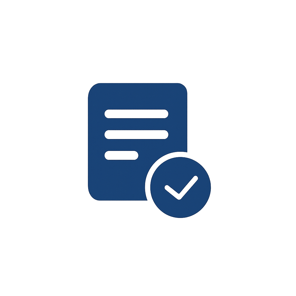 Icon of a document with a checkmark, glowing blue on a dark background.