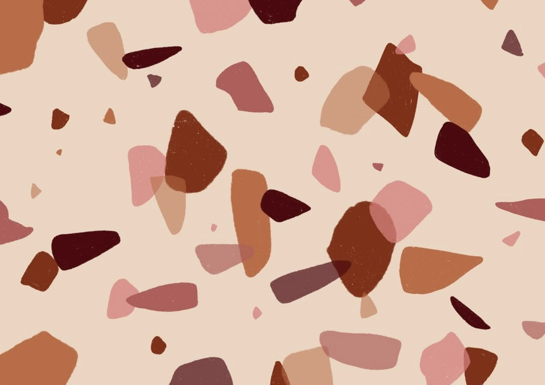 Abstract pattern of irregular, multicolored shapes in shades of brown, pink, and maroon on a light beige background.