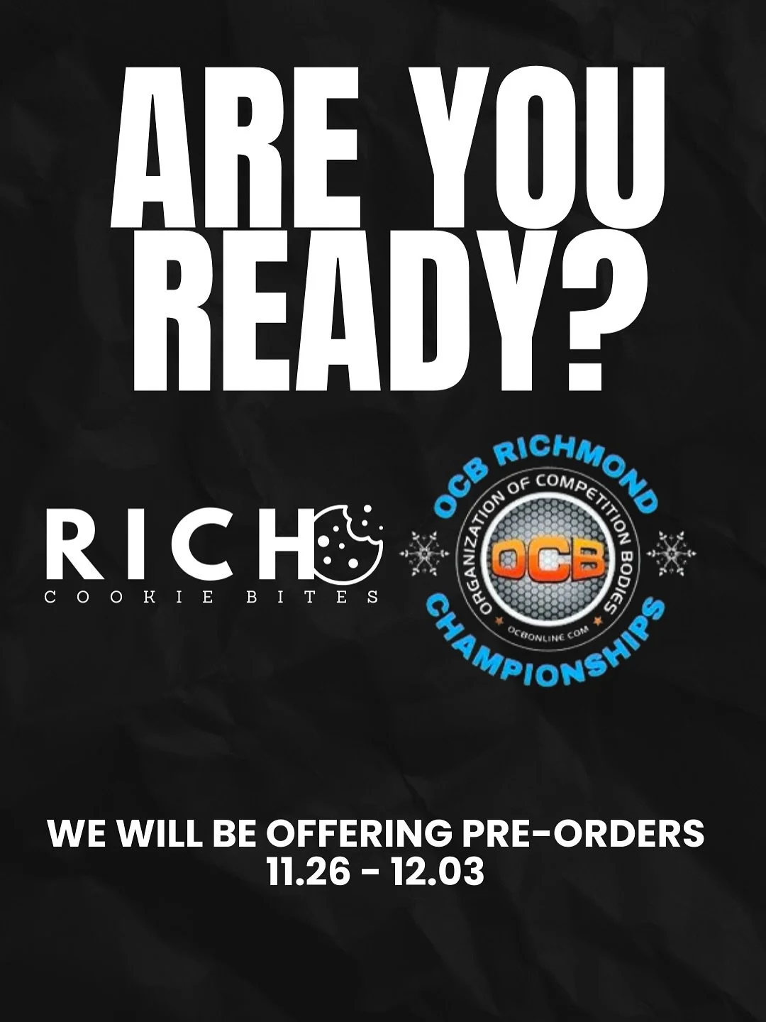 🍪 one less thing to worry about during peak week + show day &mdash; PRE ORDERS WILL BE AVAILABLE 11.26 - 12.03 for @ocbrichmondva &bull; SET YOUR ALARMS! 🚨 

&mdash; 

#gourmetcookies #cookies #richcookiebites #RICHCookieJunkie #npc #postshowtreats