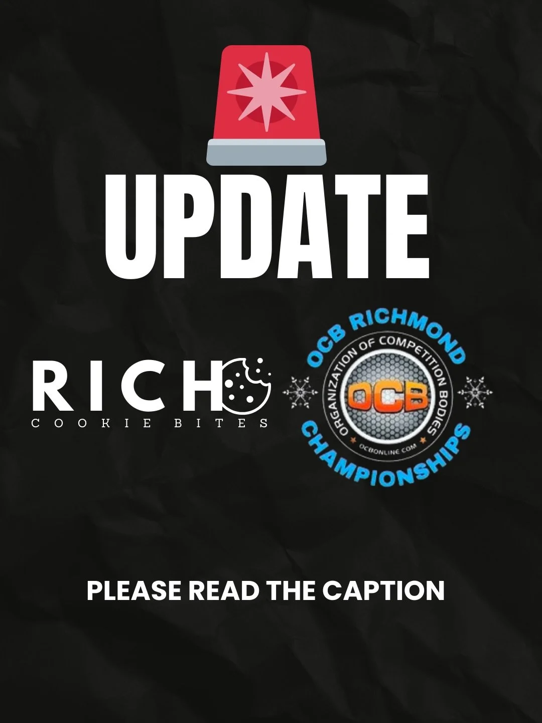 Hey OCB RICHMOND #RICHCOOKIEJUNKIES! 🍪

Due to some unexpected changes, we won&rsquo;t be able to make it to the OCB Richmond Championships on Saturday, December 13th &mdash; but we&rsquo;re still cheering you on from afar!

If you placed a pre-orde