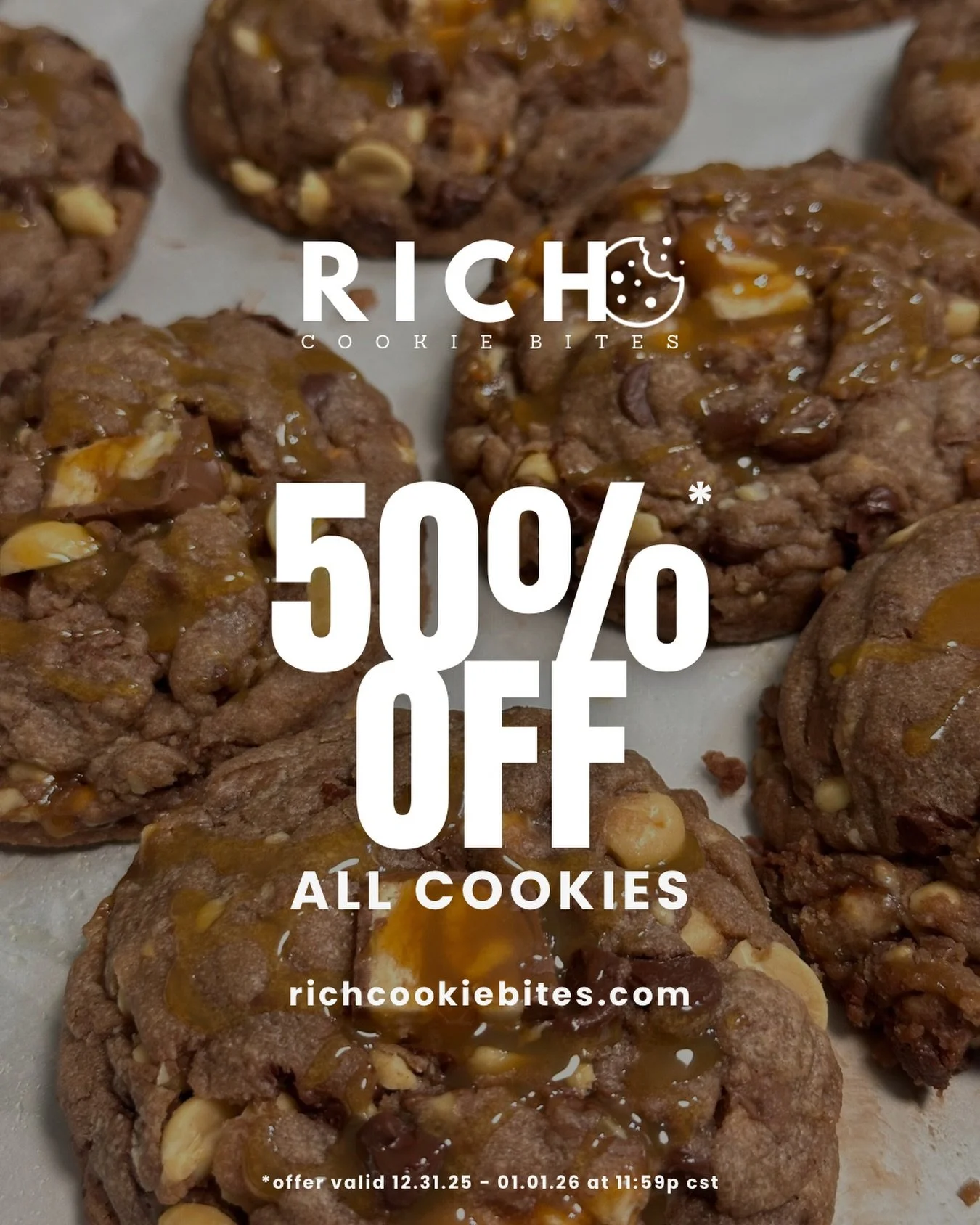 🥳 HAPPY NEW YEAR #RICHCOOKIEJUNKIES &bull; enjoy 50% off all online orders now through 01.01.26 at 11:59p cst. discount automatically applied during checkout &mdash; our last bake must go!!

📲 richcookiebites.com 

&mdash; 

#gourmetcookies #cookie
