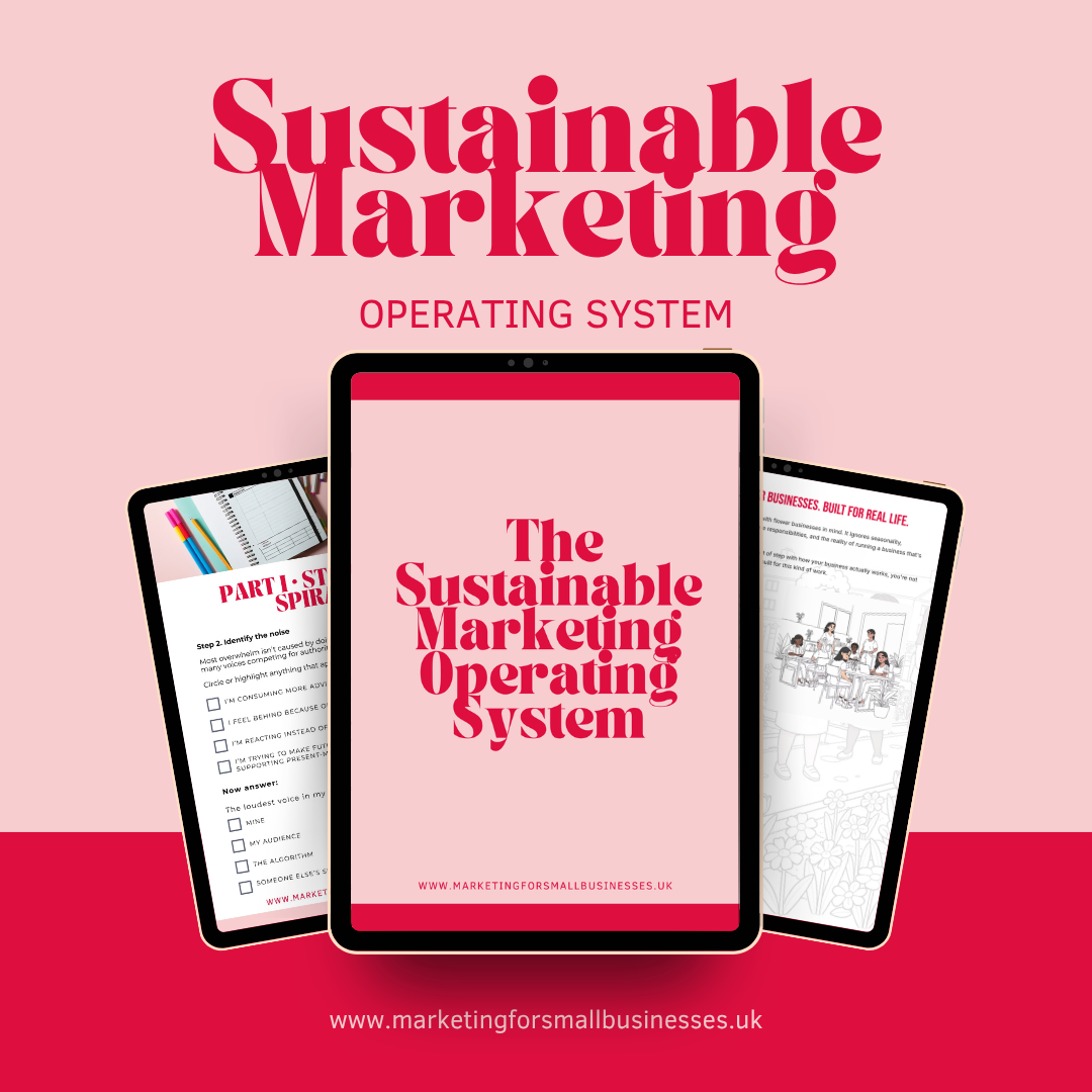 Cover image for a book titled 'The Sustainable Marketing Operating System' featuring digital tablets and sketches related to marketing and business.