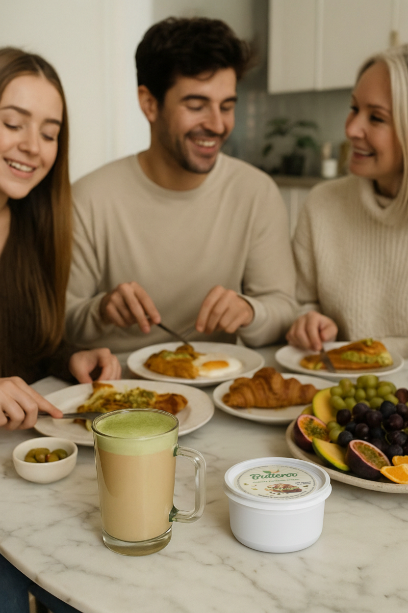 Happy family enjoying brunch with Nutchio pistachio cream, creamy pistachio lattes, and toast spread with pistachio cream