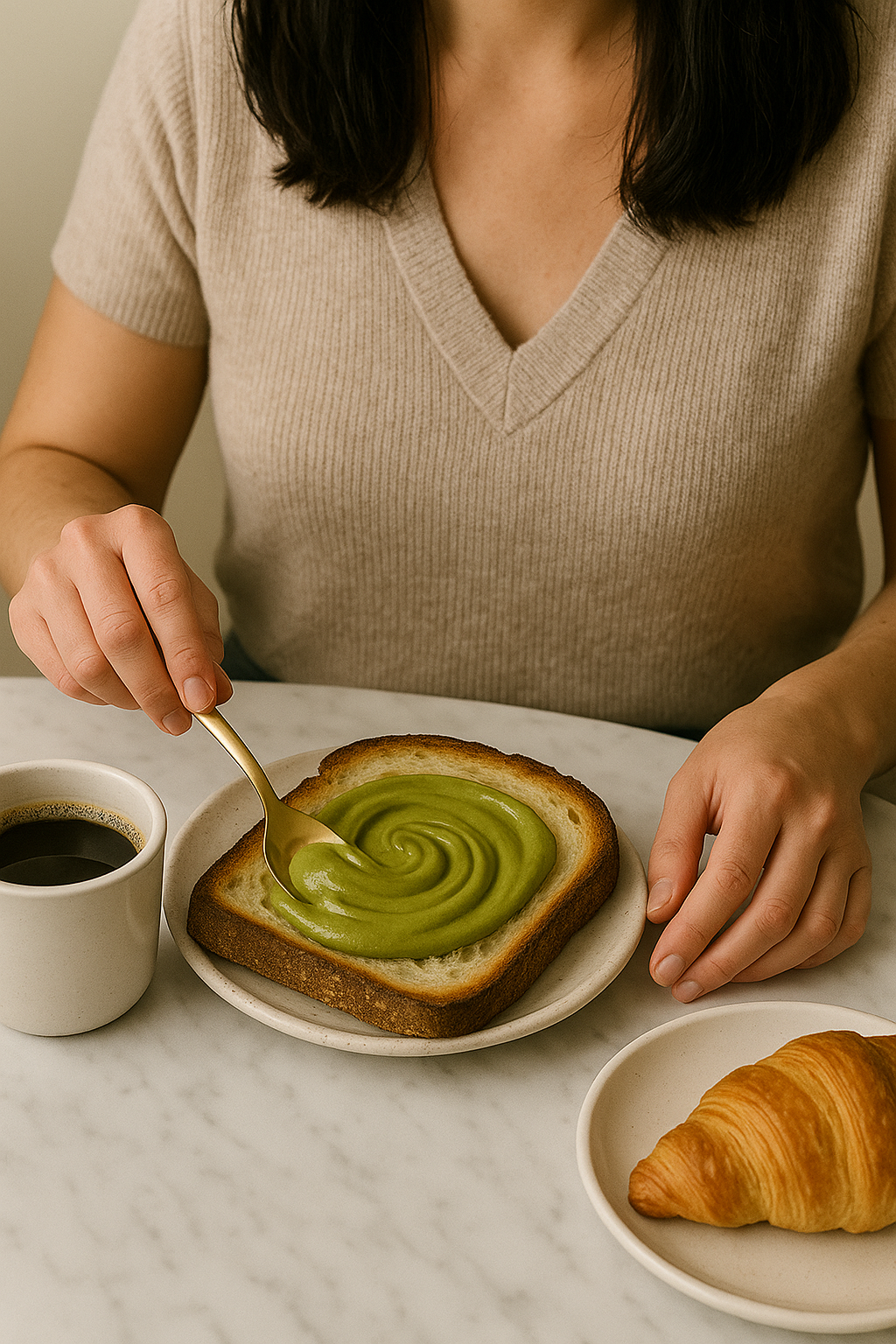 Woman enjoying a cozy breakfast with sourdough toast spread with creamy Nutchio pistachio butter and a cup of coffee