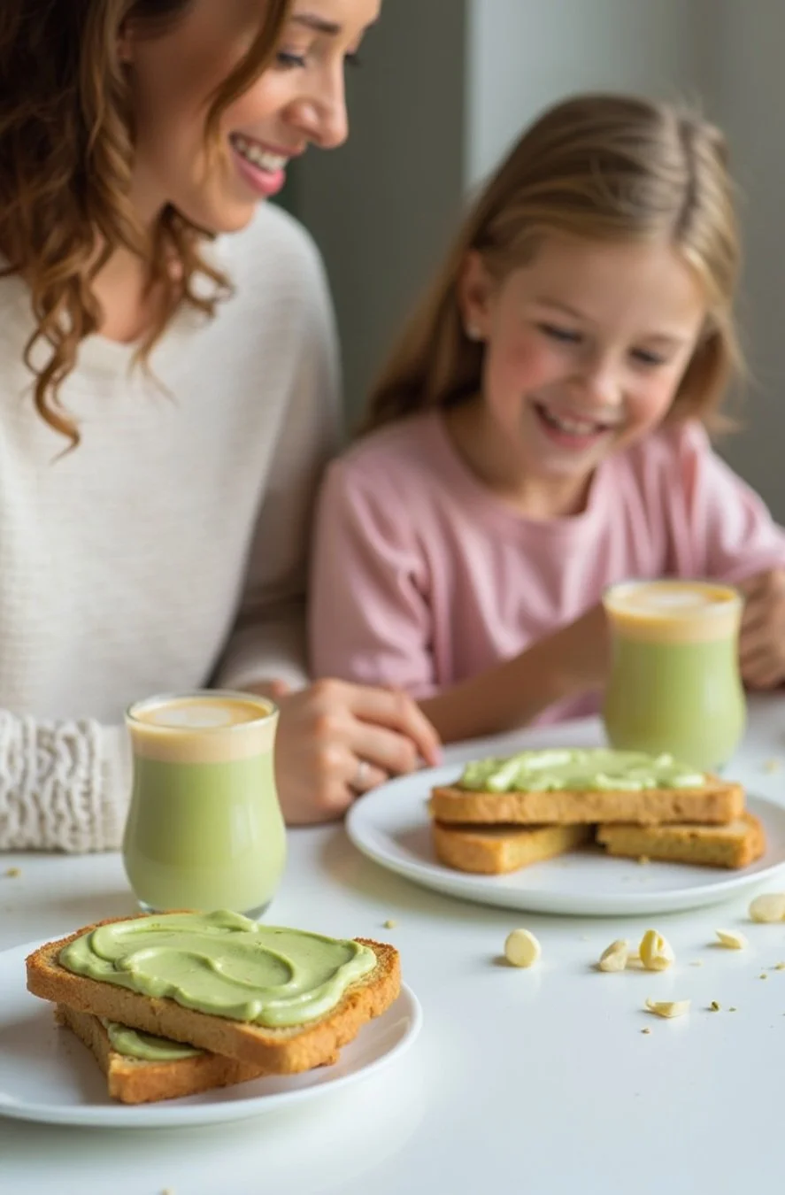 A woman and a girl sitting at a table with toast, pistachio spread, and drinks, smiling and enjoying breakfast together.