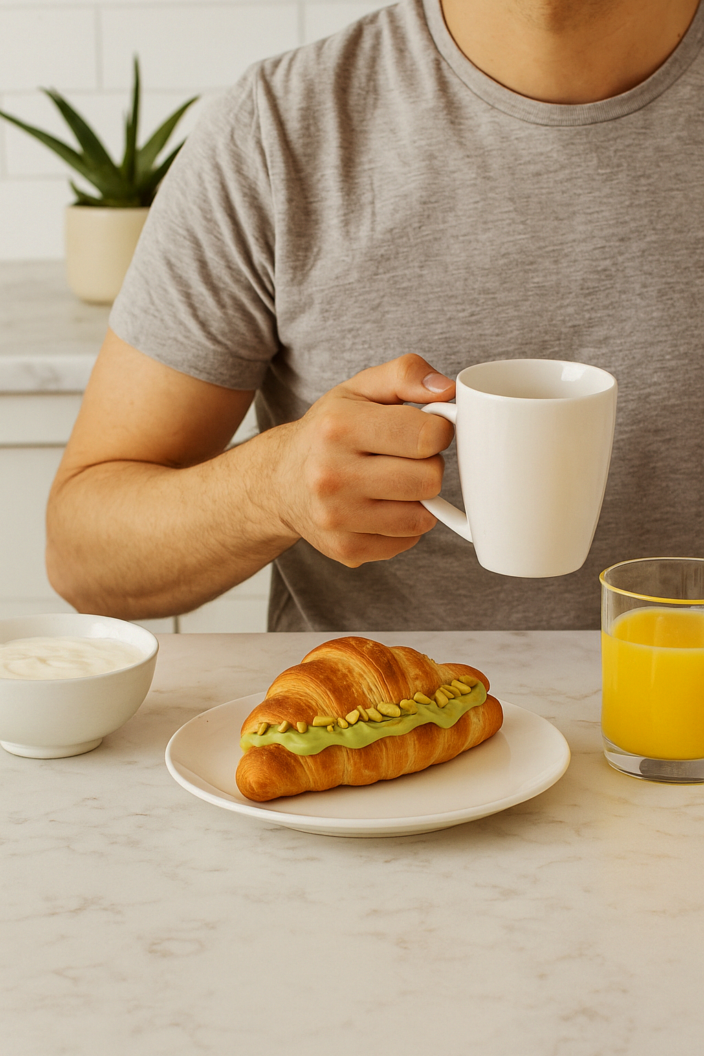 A person holding a white mug of coffee or tea at a breakfast table with a croissant topped with green spread and pistachios, a bowl of yogurt with fruit, a glass of orange juice, and a potted plant in the background.