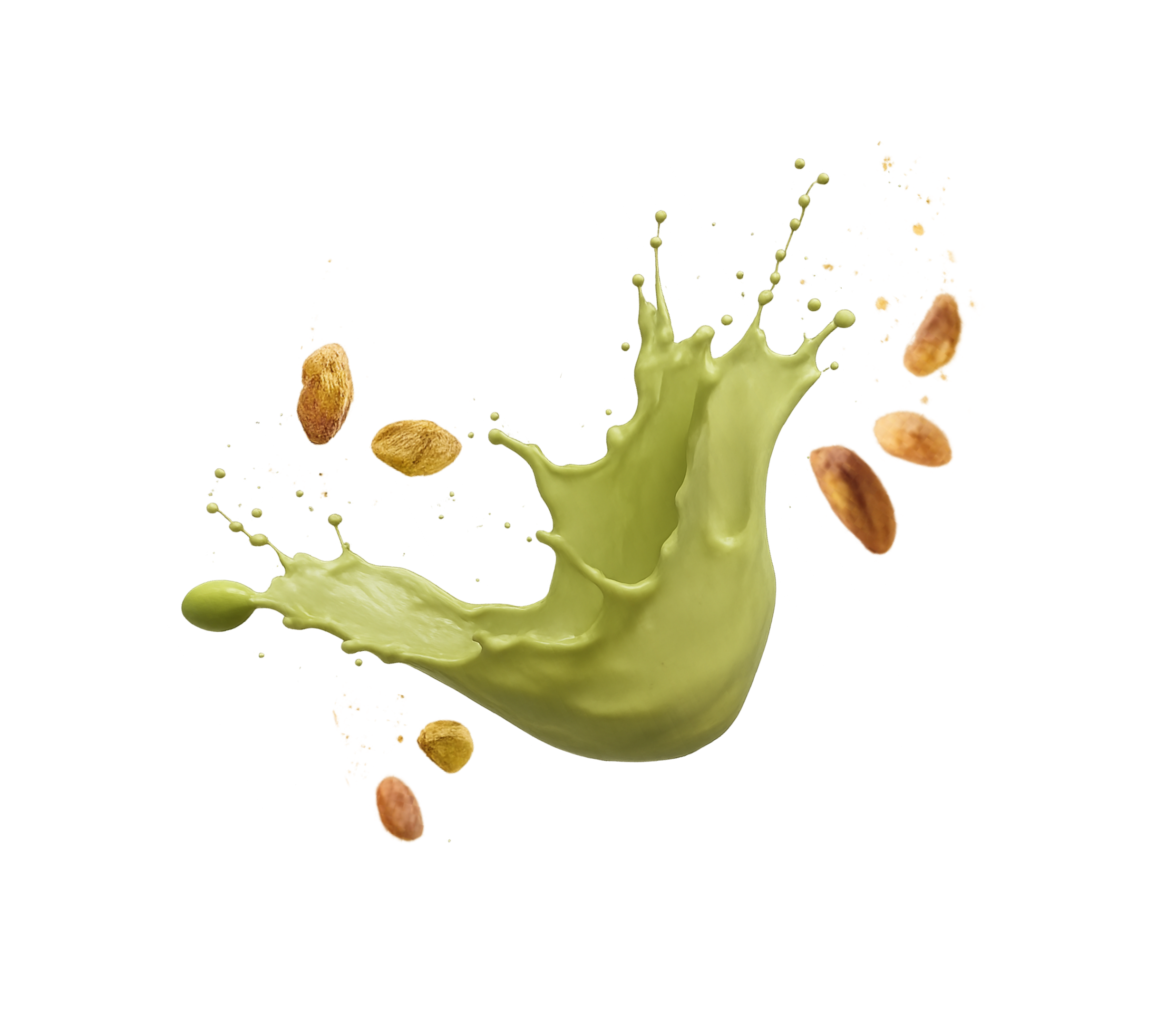 Pistachio cream splash with pistachios around it.