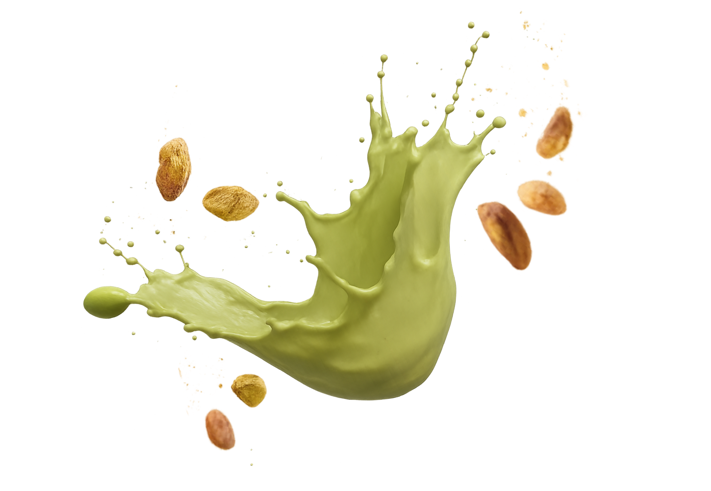 Nutchio pistachio cream spread floating alongside whole and shelled pistachios, highlighting natural ingredients