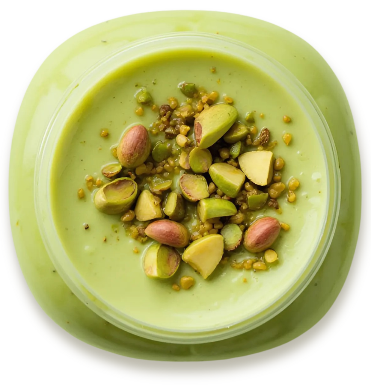 Healthy green smoothie blended with creamy Nutchio pistachio butter, topped with fresh pistachios and served in a glass jar