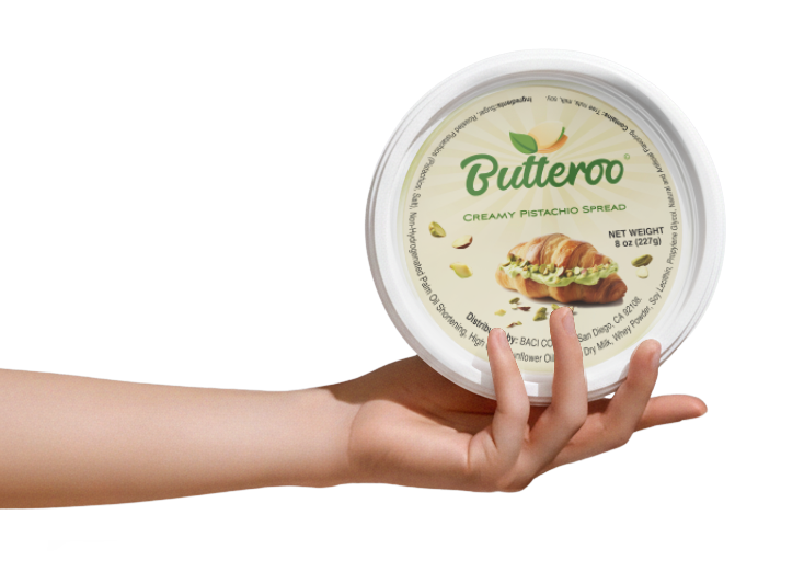 Butteroo Pistachio Spread with an image of a croissant topped with pistachio spread and scattered pistachios on the packaging