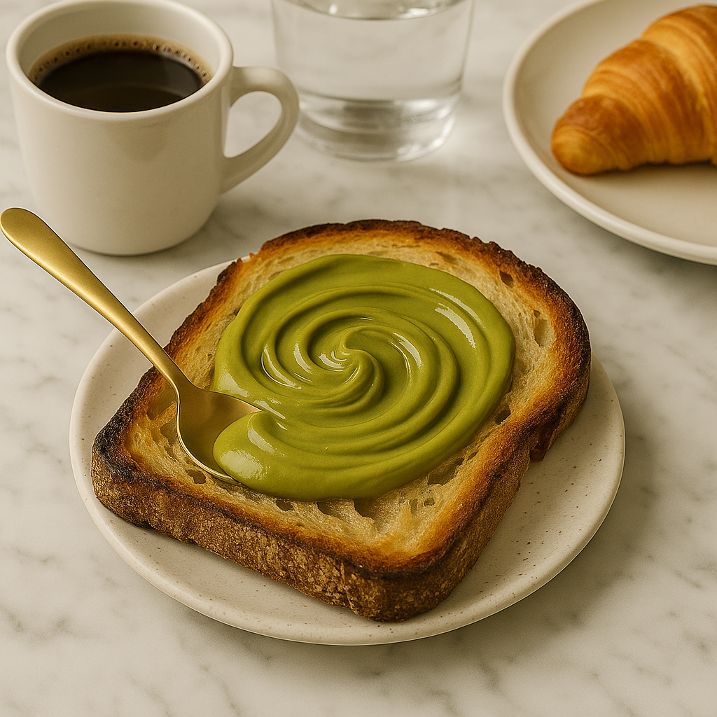 Toasted artisan bread topped with creamy Nutchio pistachio butter and sprinkled with crushed pistachios for extra crunch