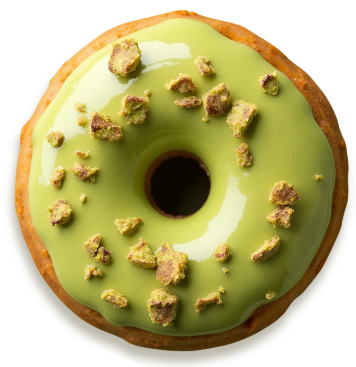 Close-up of a round donut with pistachios on top.