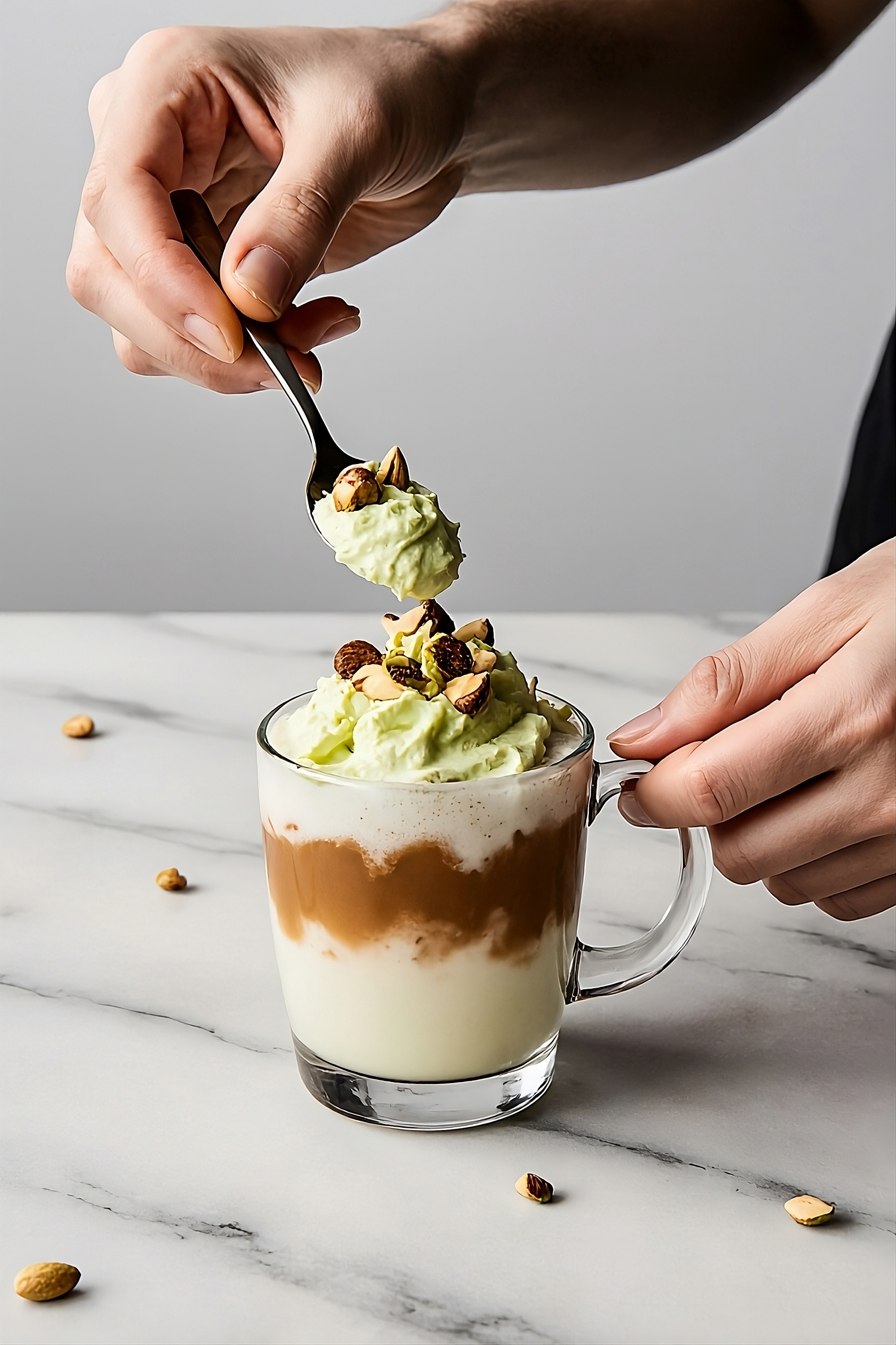 Two hands, one holding a spoon with green whipped topping and nuts, the other steadying a clear glass mug filled with layered coffee, pistachio cream, and toppings on a white marble surface with scattered nuts.