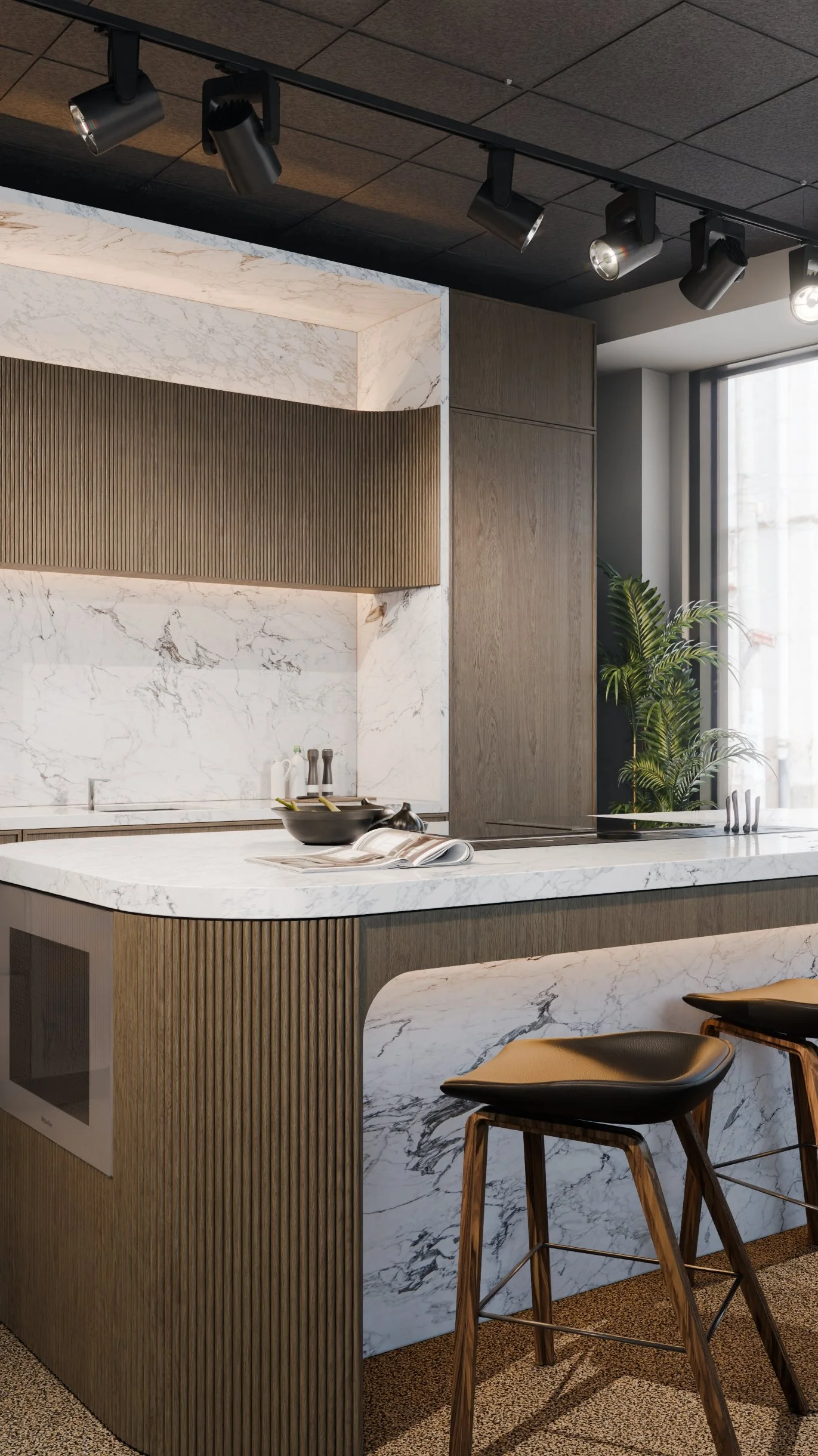 Modern kitchen with marble countertops, wooden cabinets, and track lighting on a dark ceiling.