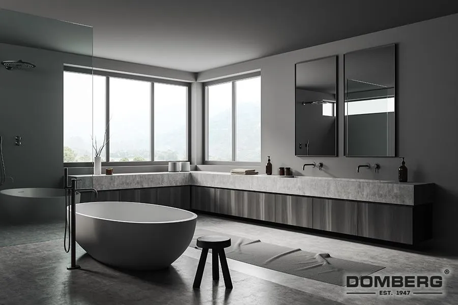 Modern bathroom with freestanding bathtub, large windows, and minimalist design.