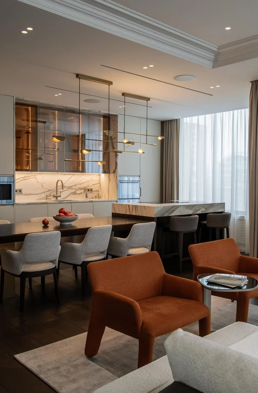 Modern kitchen and living room with marble accents, beige and brown furniture, and ample natural light from large window with sheer curtains.