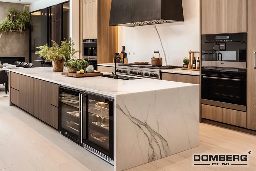 Modern kitchen with a large marble island, wooden cabinetry, built-in oven and microwave, stovetop with exhaust hood, and decorative plants.