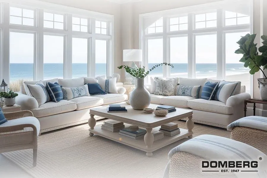 Beachfront living room with large windows showing ocean view, white sofas with blue and patterned pillows, a white coffee table with books and decorative items, and potted plants.