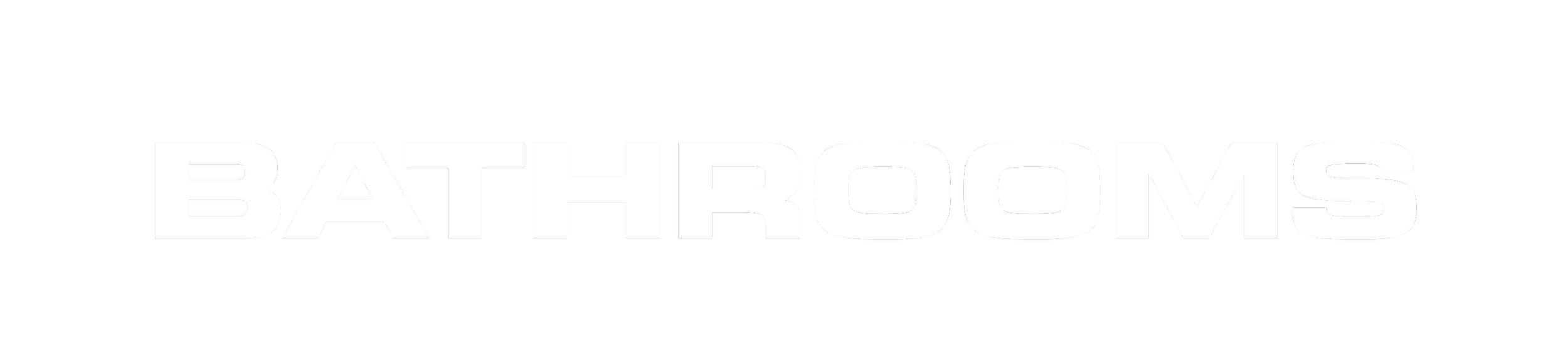 Black background with the word BATHROOMS in large white letters.
