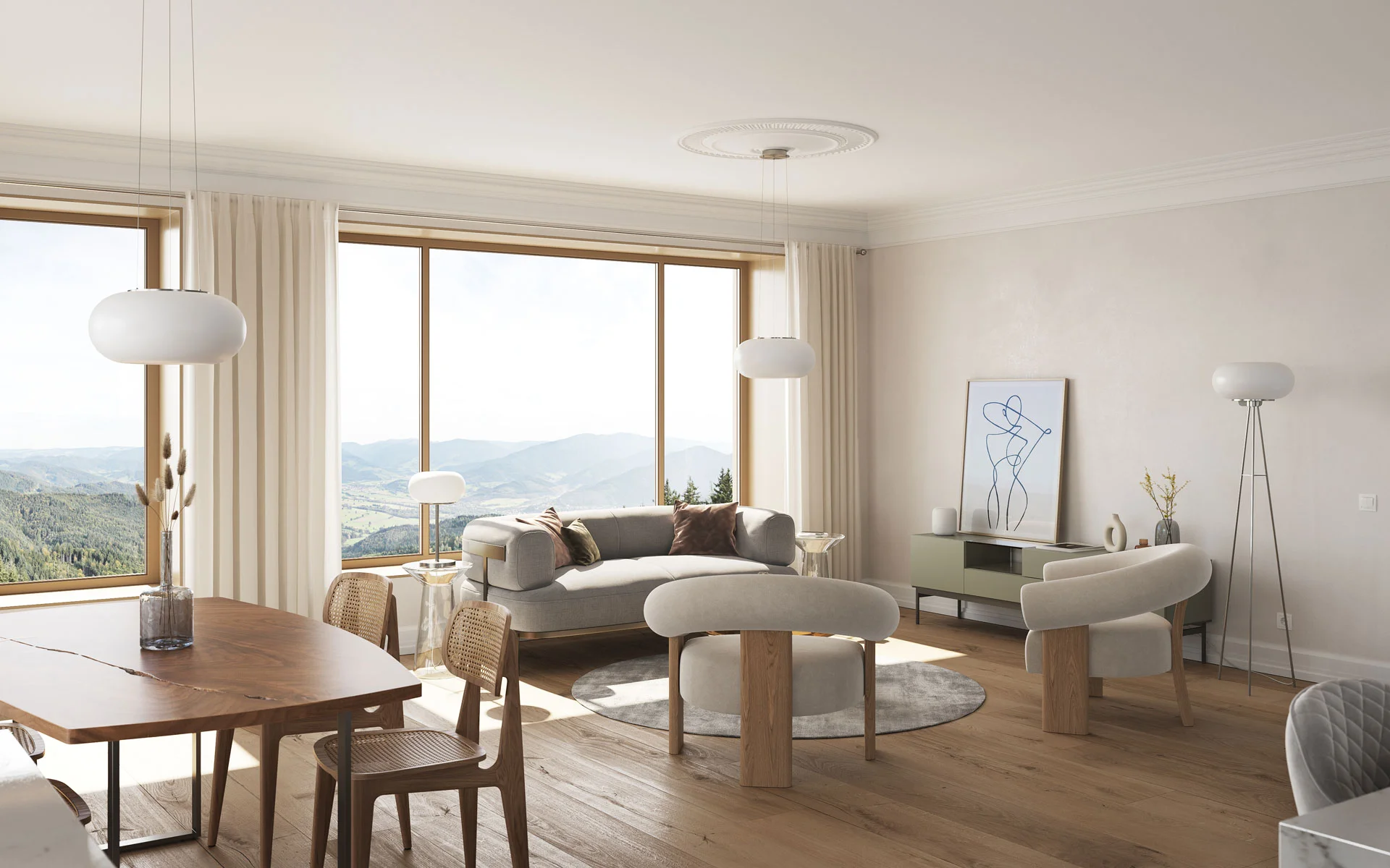 Modern living room with large windows overlooking mountains, featuring neutral-colored furniture, wooden flooring, and contemporary decor.