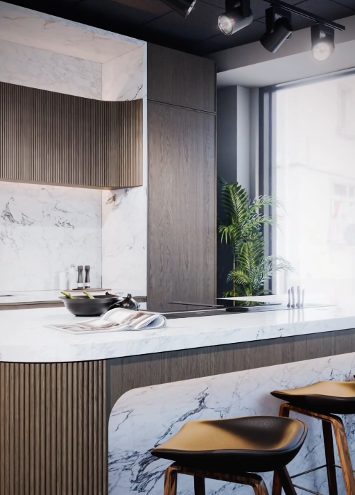 Modern kitchen with marble countertops, dark wooden cabinets, and a large window with sheer curtains. There is a potted plant near the window and kitchen utensils on the counter.