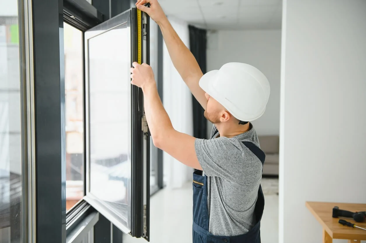 A construction worker wearing a white hard hat and gray shirt installing a large window with a measuring tool.
